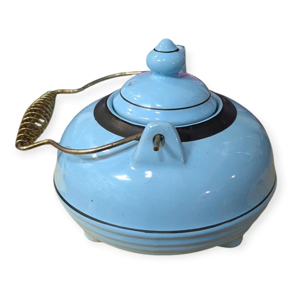 Vintage Art Deco Blue Ceramic Teapot Black Banded Tripod Feet Brass Coil‎ Handle
